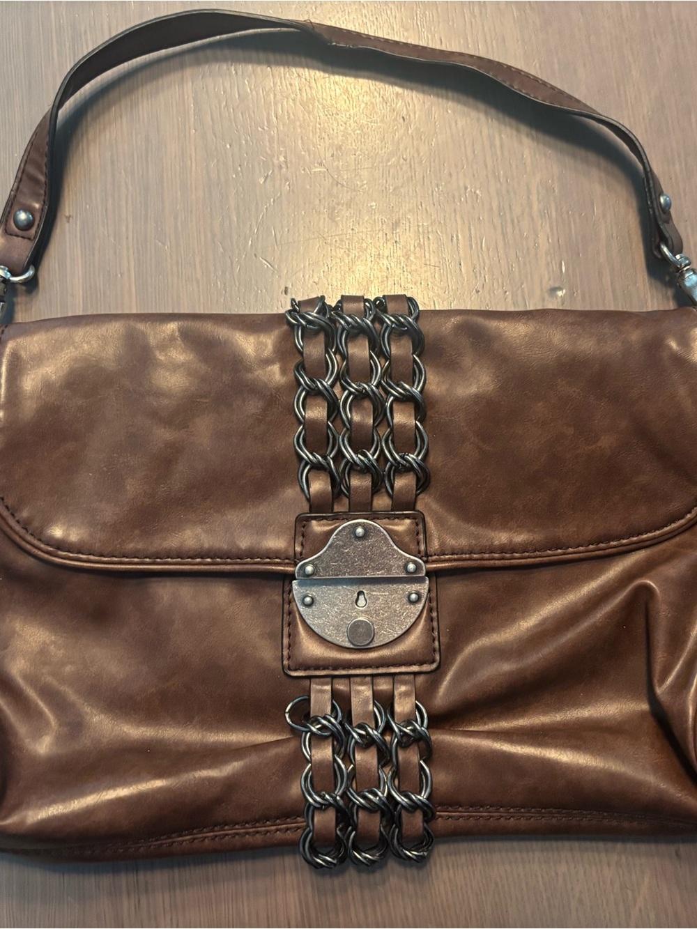 Nine West Brown Satchel with Chain Accent and Turn-Lock Closure